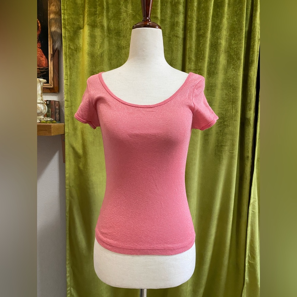 Vintage Bubble Gum Pink Top, Metallic, 1970s Roller Girl, Disco Queen